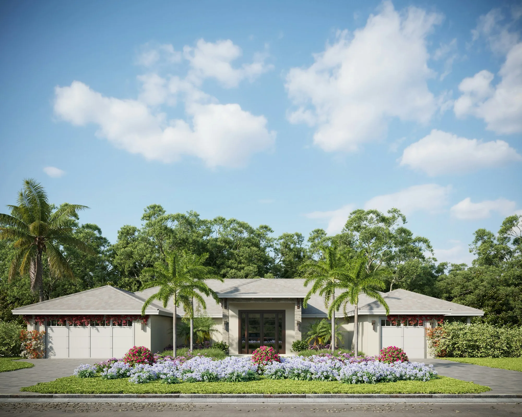 Single-story Florida home with palm trees and a wide driveway